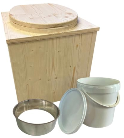 Toilette seche ECO en Bois avec bavette INOX et seau plastique - Fabrication Française Artisanale -