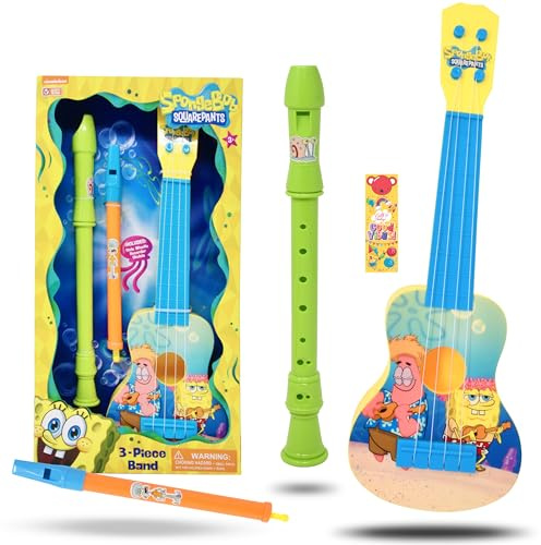 SpongeBob SquarePants Kids Guitar Instruments, 16 Inch Play Ukulele Musical Flute My First Music Instrument Toy Set with Bookmark for Children