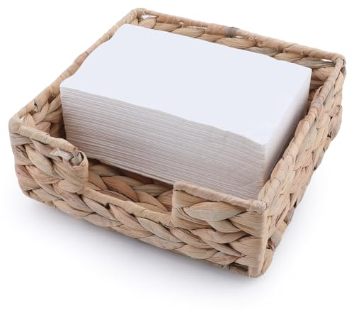 GORGECRAFT Servilletero de Jacinto de Agua Tejido A Mano de Ratán Corpulento Caja de Almacenamiento Cuadrada de 19 x 19 x 6.7cm Cesta Bandeja de Toalla para Invitados Soporte de Papel Rústico