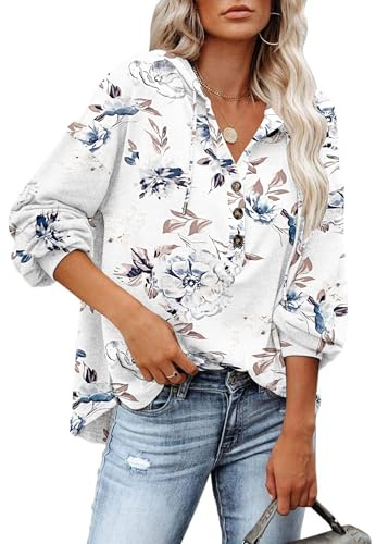 PLOKNRD Hoodie Damen V-Ausschnitt Pullover Kordelzug Dünn Kapuzenpullover | Langarm Knöpfen Henley Tops Sweatshirt Hooded Kapuze Herbst Winter Leicht Freizeit Sport Boho Klassisch Urlaub Party