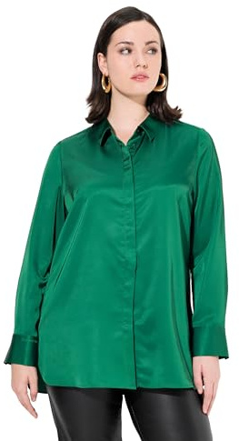 Ulla popken dam stora storlekar överdimensionerade plus size satin-skjortblus, längre bak, skjortkrage, långärmad, Smaragdgrön, 50-52