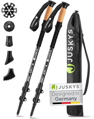 Juskys Nordic Walking Stöcke - 2 Alu Teleskop Wanderstöcke, leicht & ausziehbar, Damen & Herren, mit Gummipuffer & Tasche, Kork Griff - Schwarz