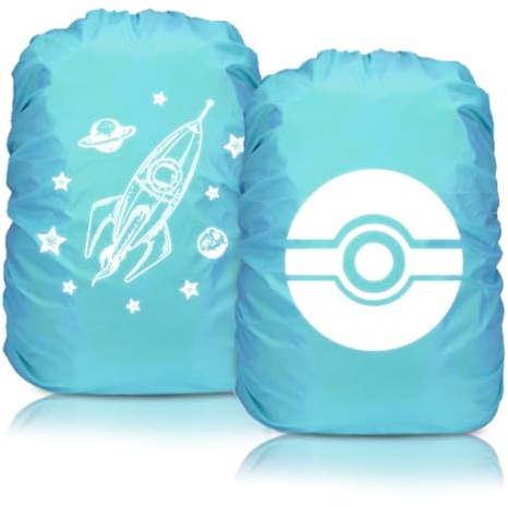 Cadimus 2PCS Regenschutz Schulranzen Blau, Reflektierende Regenhülle Rucksack, Rucksack Überzug Wasserdicht, Schulranzen Regenschutz Rakete, Schultaschenhülle für Jungen und Mädchen