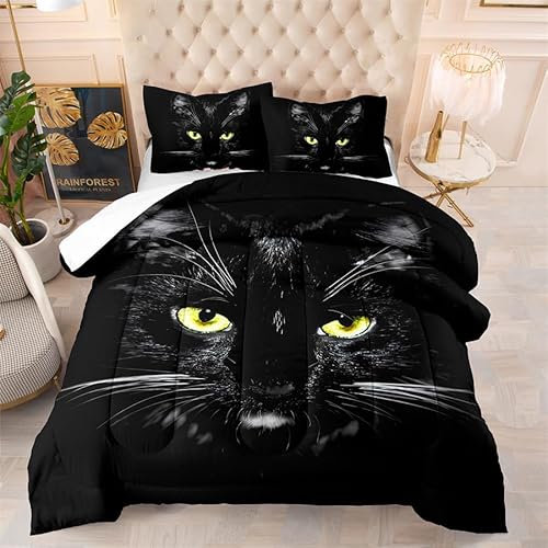 Bettdecke 140X200 Schwarze Katze Bettdecken 200Gsm,Dünne Und Leichte Duvet,4 Jahreszeiten Bettdecken,Weiche Mikrofaser Bettdecke Mit 2 Kissenbezüge,Warm Steppbettdecke Für Allergiker