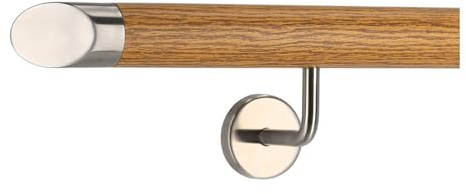 TIBU Handlauf Aluminium Eiche Holz Dekor 30-600cm Wandhandlauf Treppe gewinkelte Edelstahlhalter, Länge 120 cm mit 2 Halter und schräges Endstück
