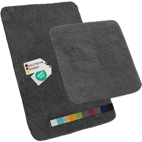 NYVI Badematten Set 2 teilig NYVISpa Lasalle 45x50 + 50x80 cm Grau Badematte & WC-Vorleger - Badezimmerteppich Set - rutschfest, Saugfähig, Schnell Trocknend, Fußbodenheizung geeignet, Oeko-TEX