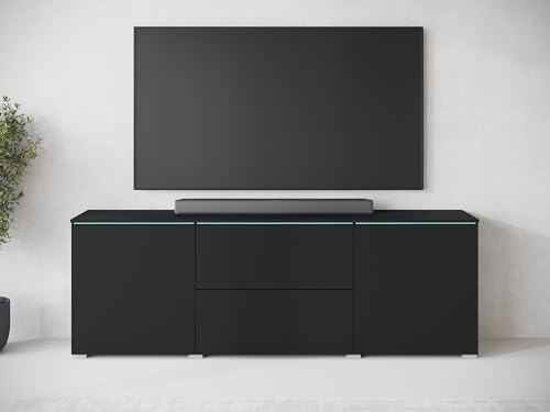 Meuble TV Lowboard 180 cm x 35 cm, Vera LD181,Design Moderne, Façades Laquées Brillantes, Rangement Fonctionnel avec Espaces de Stockage, Idéal pour Salon (Noir, sans LED)