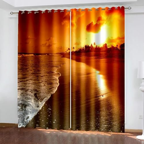Bishilin Gardinen Verdunkelung 2er Set 107x138CM, Vorhänge Blickdicht Fenster Landschaft Sonnenuntergang am Strand Verdunklungsvorhänge mit Ösen Jugendzimmer