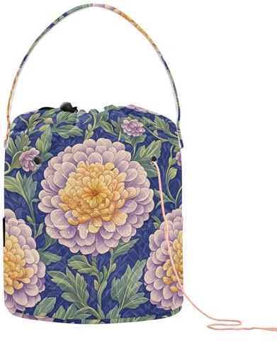 Bolsa de almacenamiento de hilo colorido con flores de dalia vintage con agujeros para soporte de agujas, ganchillo, viajes