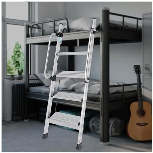 Replacement Aluminum Bunk Bed Ladder, Foldable Hook-On Bunk Bed Ladder with Anti-Slip Mats Adjustable Handrail and Wide Pedals for Caravans, Lofts, Dormitory Double Beds(4 steps/144cm)