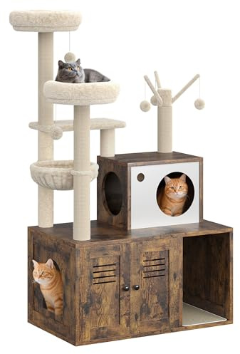 140Cm Cat Tree with Litter Box Enclosure, All-In-1 Modern Cat Tower, Multi Level Scratching Post with Condos, Scratching Posts, Dangling Ball, Cats Furniture Hidden Washroom for Indoor Cats