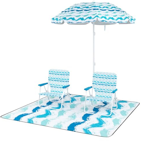 COSTWAY Ensemble de Parasol et Chaises Pliantes et Tapis 4 Pcs, Parasol Inclinable Solaire avec Sac de Transport, 2 Chaises de Plage Pliable avec Poche, Tapis à 3 Couches, pour Plage Jardin (Bleu)