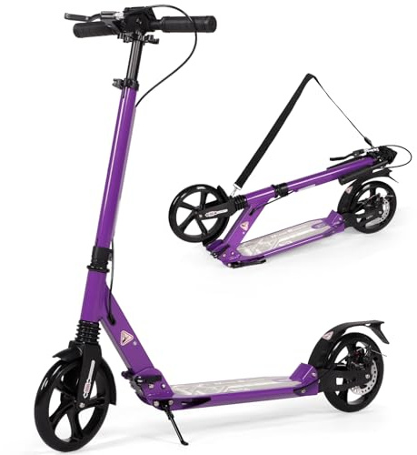 Adult Kick Scooter with Disc Handbrake, Foldable Adjustable City Scooter with Dual Suspension, 200mm Big Wheels Scooter for Kids Ages 8-12 and up (Purple)