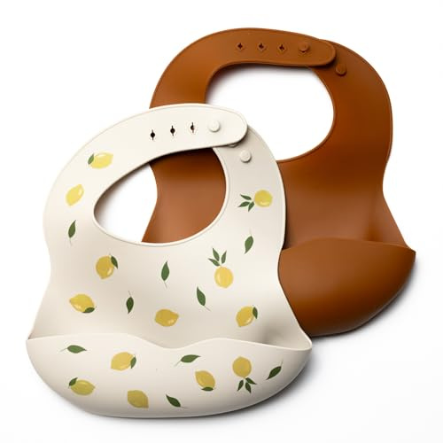 Kindsgard Silikon Lätzchen „silbibly“ – 2er Set Babylätzchen mit Auffangschale – weich, BPA-frei, verstellbar – abwaschbar & spülmaschinenfest – für Babys & Kleinkinder ab 6 Monaten (Beige & Zimt)