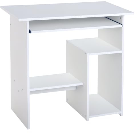 HOMCOM Mesa de Ordenador compacta pequeña Mesa de Estudio Estante Blanco | Bandeja para teclado, Mesa de esquina, Madera, Oficina en casa