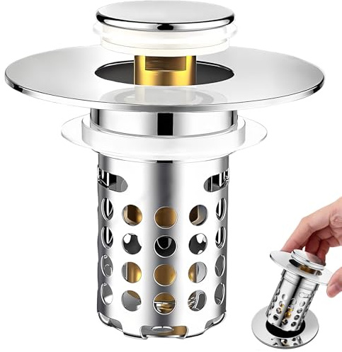3-in-1 Waschbeckenstöpsel mit Abflusssieb, Silber Chrom Abflussstopfen, Stöpsel Waschbecken, Messing Core Pop Up Abflusssieb, Universal Sink Stopper Ersatz für Bad und Küche(34-40mm)