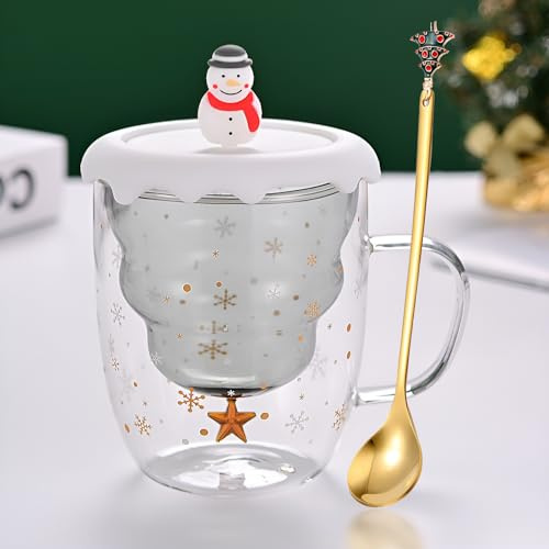 Syfunlv Grinch Weihnachtstasse Doppelwandige Glastasse mit Deckel und Löffel, Weihnachtsbaum Kaffeetasse Espressotasse Teeglas Milchtasse Geschenk Stil 16