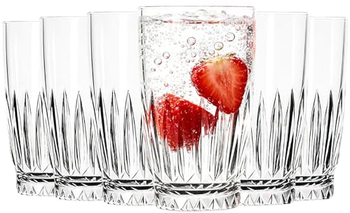 binsakao Highball Glasses Set of 6 - Drinking Glasses 355 ML - Elegant Diamond Cut Tall Glass Cups for Water, Cocktails, Beer, Juice