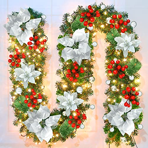 9 Ft Pre-Lit Artificial Christmas Garland with Warm White Lights & Timer - Decorated with Silver Flowers, Silver Balls, Red Berries & Snowy Pine for Stairs, Fireplace Mantel - Snow Effect Holiday