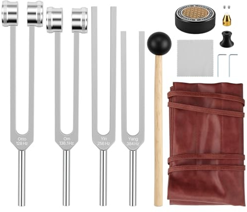 HOMGEN Meditationsstimmgabeln Set Klangtherapie 128 Hz 136.1 Hz 256 Hz 384 Hz Gewichtete & Ungewichtete Stimmgabeln mit Aktivator, Schlägel & Veganer Tasche für Yoga, Meditation & Chakra Entspannung