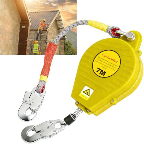 IELSH Dispositivo Anticaduta Retrattile Certificato 3-20m (Giallo, 7m) | Imbracatura di Sicurezza Anticaduta Tetto con Gancio Girevole, Dispositivo Retrattile di Sicurezza Anticaduta Lavoro Aereo