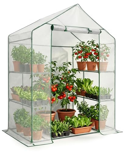 AKORD Mini Invernadero de Jardín con Estanterías, Estructura de Acero y Cubierta de PE con Filtro UV, 1 Puerta Enrollable, 143x73x195 cm, Bianco