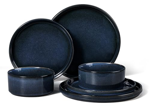 HaWare Dinner Set, 6 PCS Stoneware Plates and Bowls Set, Nebulas Blue | Reactive Glaze Dinnerware Sets, Vertical Stripe Edge Design, Chip and Scratch Resistant, Dishwasher & Microwave & Oven Safe