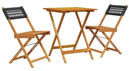 HETFTJN 3-TLG. Bistro-Set Schwarz aus Akazien-Massivholz und Poly-Rattan 60 x 60 x 75 cm klappbar platzsparend für kleinen Balkon Garten und Terrasse Modernes Design mit wetterfestem Material