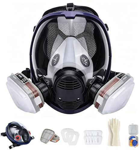 CERKAKITCH Andningsskyddsmask, helmask med 10 filter, helansiktsmask, dammmask, återanvändbar dammskyddsmask för slipning lackering, polering, fint damm, sprutning, kemikalier, gör-det-själv