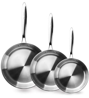 IBILI - Set de 3 Sartenes 18, 22 y 26 cms, tricapa triply Natural, Acero inoxidable, Apto para induccion, sin antiadherente, Juego de 3 sartenes