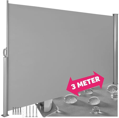 tectake blickdichte Aluminium Seitenmarkise, Wind- und Sichtschutz für Balkon, Garten und Terrasse, ausziehbare Markise für einen Balkon Sichtschutz - 180 x 300 cm, grau