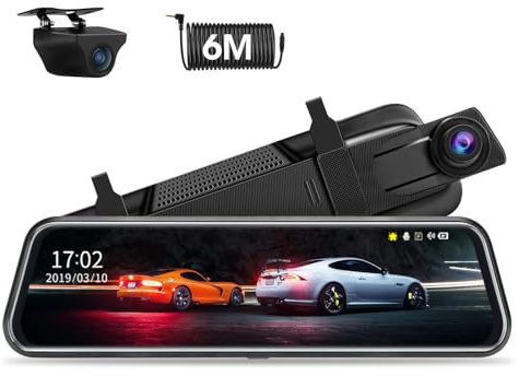 Upgraded 10'' Rear View Mirror Camera Mirror Dash Cam Front and Rear 1080P Backup Camera Full Touch Screen w Loop Recording, G-Sensor Night Vision 170° Wide Angle