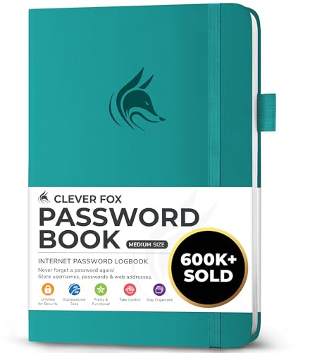 Clever Fox Password Book with alphabetical tabs. Internet Address Organizer Logbook. Medium Password Keeper for Website Logins (Turquoise)