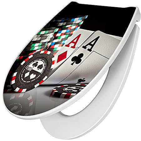 banjado Premium Toilettendeckel mit Absenkautomatik 45x38,4cm / WC Brille Soft Close/hygienischer Toilettendeckel/Klodeckel Duroplast mit Edelstahl Scharnier/Motiv Poker