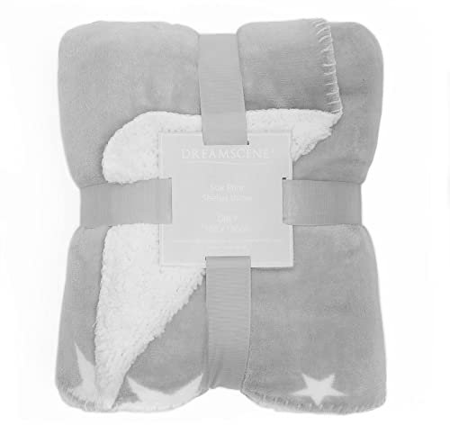 Dreamscene Star Sherpa Fleecedecke Thermo Reverse Überwurf Weich Flauschig Plüsch Große Tagesdecke, 150 x 180 cm - Silbergrau Weiß