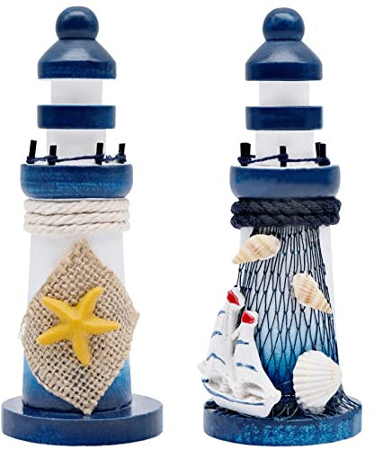 2 Piezas Faro de Madera Decorativo, Modelo Faro del Océano Mediterráneo Adorno Nautico de Hogar Modelo Faro Pintado a Mano Hierro Soporte de Vela Decoración Náutica