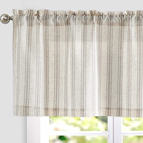 TOPICK Leinen Gestreifter Scheibengardine Lichtdurchlässig Bistrogardine Sheer Vorhang Privatsphäre Fenstervorhang Gardine für kleine Fenster Küche Wohnzimmer Landhaus 1er 125Bx45H(cm) Grau auf Beige