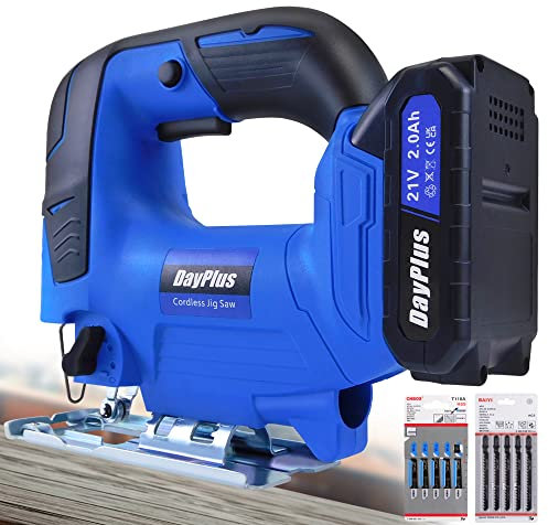 Cordless Jigsaw Power Tool Electric Jigsaw Hand Wood Saw Metal Saw, ±45° Bevel Cutting Angle, 4-Position Orbital Action, Tool-Less Blade Change, Dust Extractor Port, Battery and Charger Included