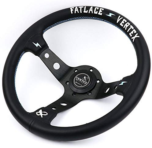 Sportlenkräder 13inch Vertex Weiß Stickerei Schwarz-echtes Leder Drift Sport Lenkräder mit blauen Nähten (Color : Black)