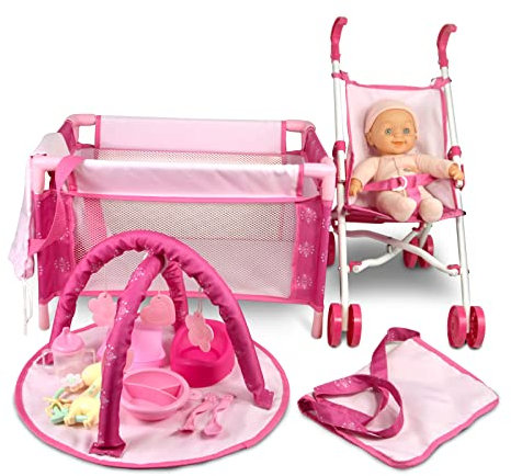 ANIVIA 5PCs Baby Puppe Kinderwagen Set mit Baby Puppe Zubehör Set beinhaltet Puppe Kinderwagen/Puppe Krippe/Spielmatte/Fütterungsspielzeug/Windel Tasche