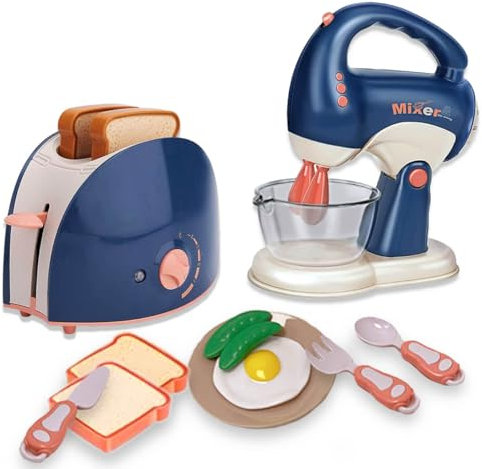 COO11 Kitchen Playset for Kids, Pretend Play Blender, Toaster, Bread, and Breakfast Food Accessories with Light and Sound, Realistic Role Play Cooking Set for Toddlers Ages 3+ Years