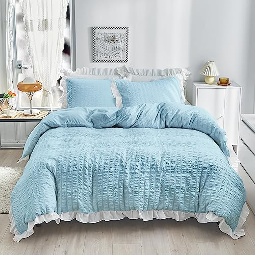 DXHOME Seersucker Blau Bettwäsche 200x200 Elegant Exquisite Rüschen Mädchen Teenager Wende Bettwäsche-Sets Mikrofaser Bettbezug mit Reißverschluss und 2 Kissenbezüge 80 x 80cm