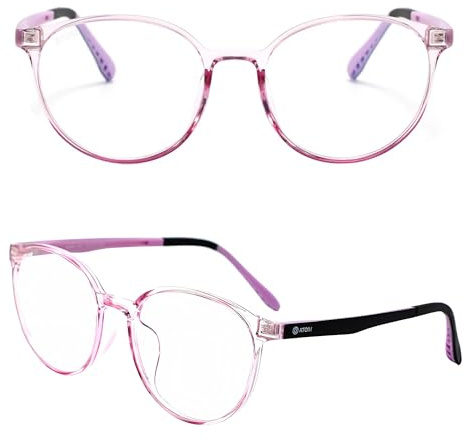 ATOM Gafas de bloqueo de luz azul para niños de 5 a 12 años | Gafas de montura para niños y niñas, Rosa transparente, negro y morado, 55-15-135