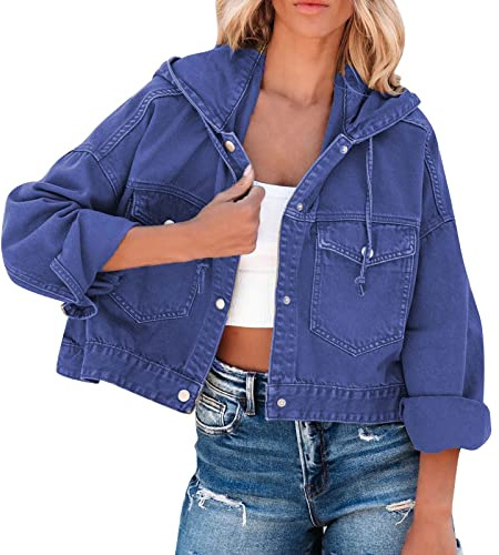 Generisk flicka damjacka ledig lös enfärgad kort jeansjacka långärmad toppar streetwear utomhusjacka ytterkläder jacka med huva och dragsko pilotjacka, blå, L