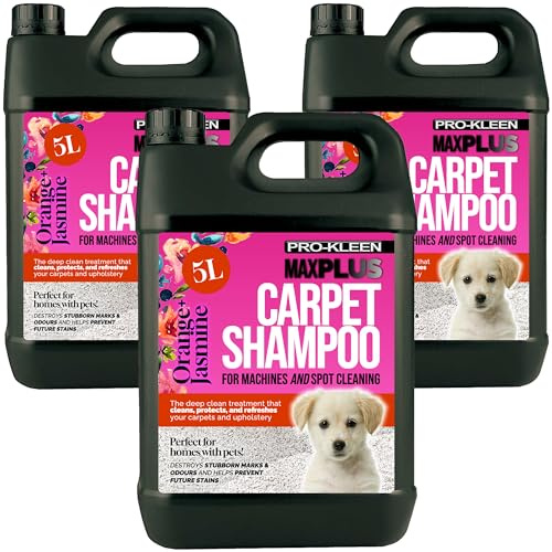 Pro-Kleen MAXPLUS Carpet Shampoo Cleaner – Premium Formula to Remove Dirt, Stains, Marks, Pet Deposits & Odours, Suitable for all Machines (Orange & Jasmine, 3 x 5L)