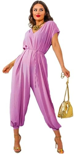 Zaif & Hari Ladies Tie Belted Waist V Neck Harem Wide Leg Cuffed Dungarees Overalls Long Pants Baggy Trousers Summer Short Sleeve Wide Rompers Playsuit Loose Jumpsuits for Women Uk 8-14