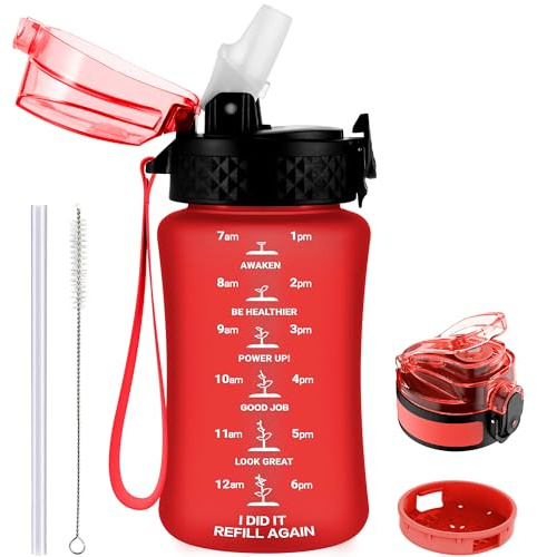 GOPPUS 350ml/12oz Bouteilles d'eau pour Enfants avec Paille Sans BPA pour L'école Tritan Fille Garçon Bouteille d'eau de Sport Réutilisable pour Tout-petit avec Marquage de l'heure Avec 2 Couvercles