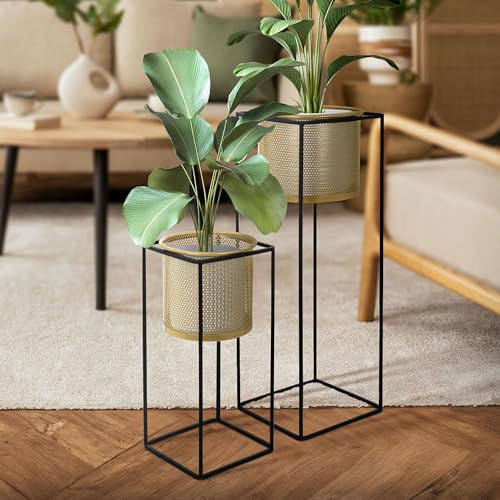 ML-Design Set de 2 Supports de Plantes, 21x21x47/25x25x71 cm, en Acier, Noir-Or, Pots de Fleurs avec Cache-Pot, Porte-Fleur Décoratif, Tabouret de Moderne pour Salon Entrée Bureau Salle de Séjour