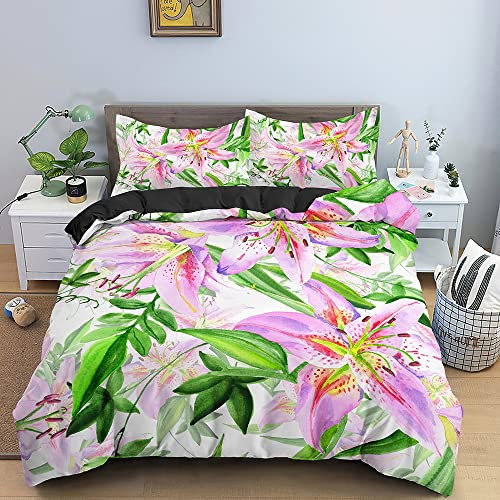 SJSXWQN Funda Nordica Cama 105 Lirio Rosa Edredon Cama 105 para Niñas Niños con Cremallera Suave cómodo Microfibra Fundas Nordicas 180x220 cm + 2 Fundas de Almohada 50x80 cm