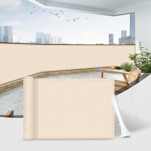 Sunnylaxx Pantalla privacidad Balcon 85x600cm,Ant-UV Resistente al Viento,Pantalla para Balcón Jardín Protección de Privacidad,con Ataduras de Cables,Caqui
